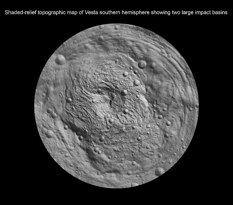 800px Shaded relief topographic map of Vesta southern hemisphere image of NASA’s Dawn spacecraft