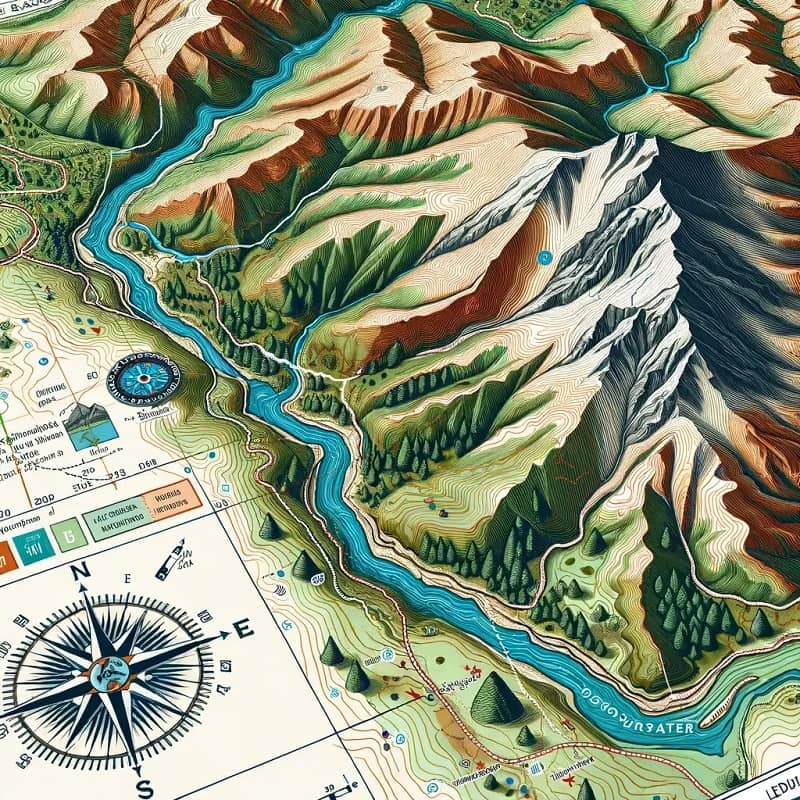 DALL·E 2024 08 25 17.00.48 A detailed topographic map used for mountain navigation featuring contour lines elevation markings and natural landmarks such as rivers forests a 1